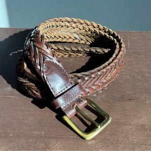 Braided Leather Belt Brown Woven Genuine Leather Solid Brass Buckle Size 36
